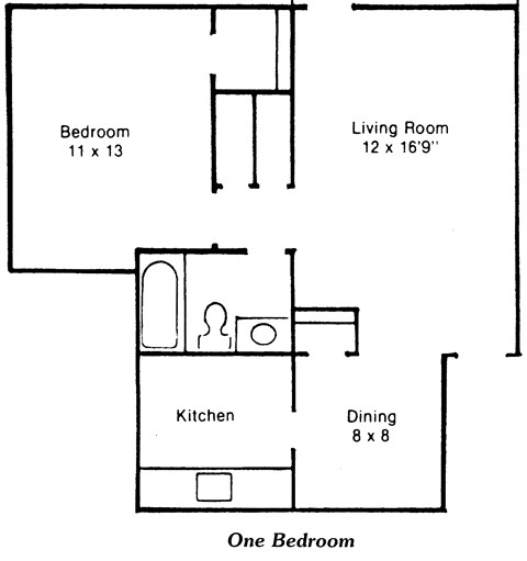 Floor plan for 1 bed, 1 bath, 606 sqft
